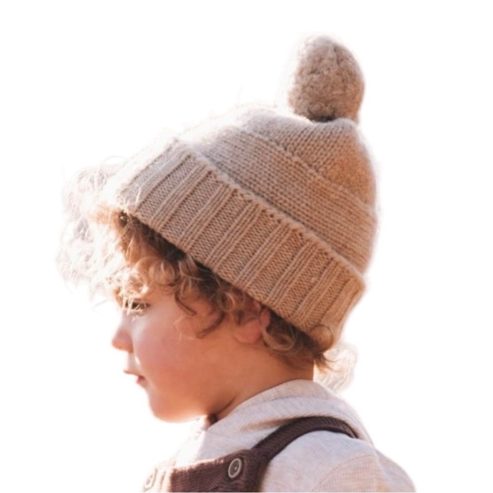 Will+Bear Tasman Fawn Kids Beanie 100% Australian Wool Pom Pom Hat Tan cozy new